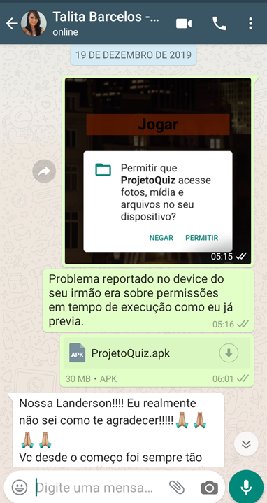 Mensagens de Whatsapp entre Landerson e Talita, após o teste do app.