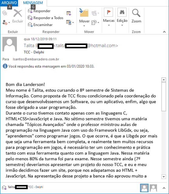 e-mail da Talita para o Landerson.