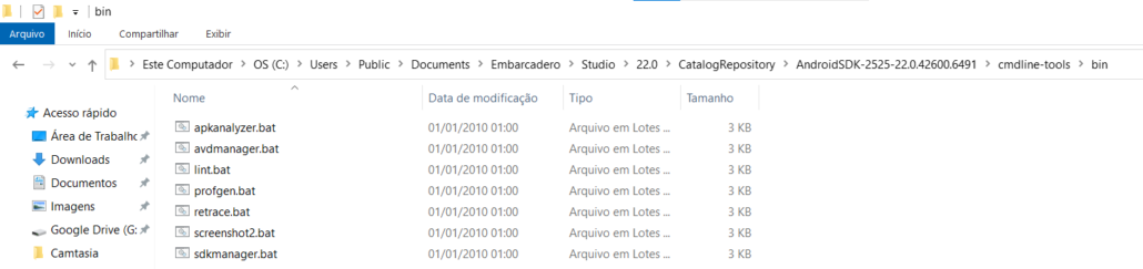 Diretório Bin do Android SDK Manager cmdline-tools no Windows Explorer.