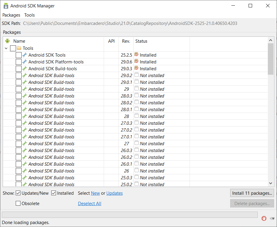 Android SDK Manager o executável presente na SDK que acompanhava o RAD 10.4.2 Sydney por exemplo.
